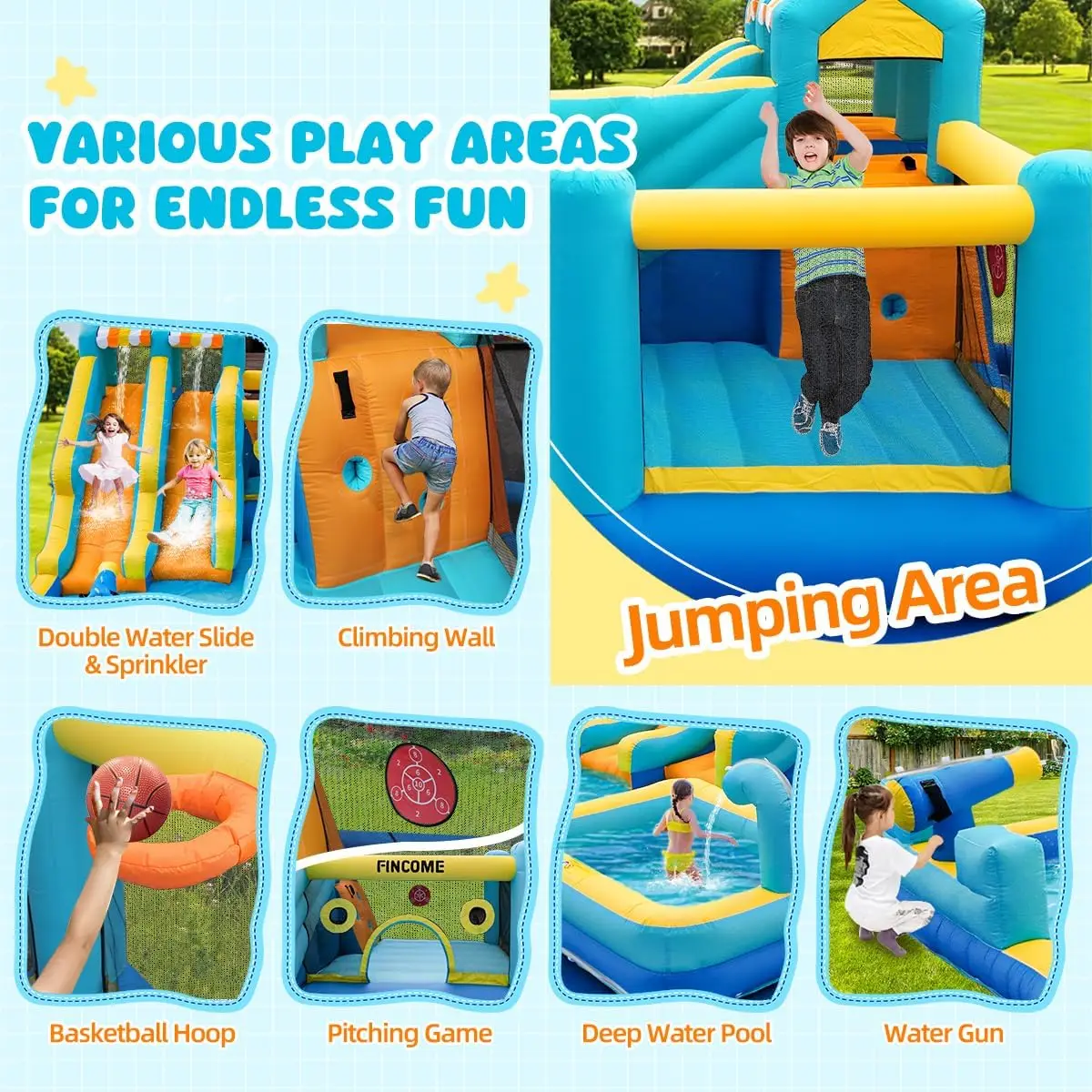 Inflatable Bounce House, 10 in 1 Double Water Slide Bounce House with 750W Blower, Climbing Wall, Jumping, Water Gun, Splash Poo