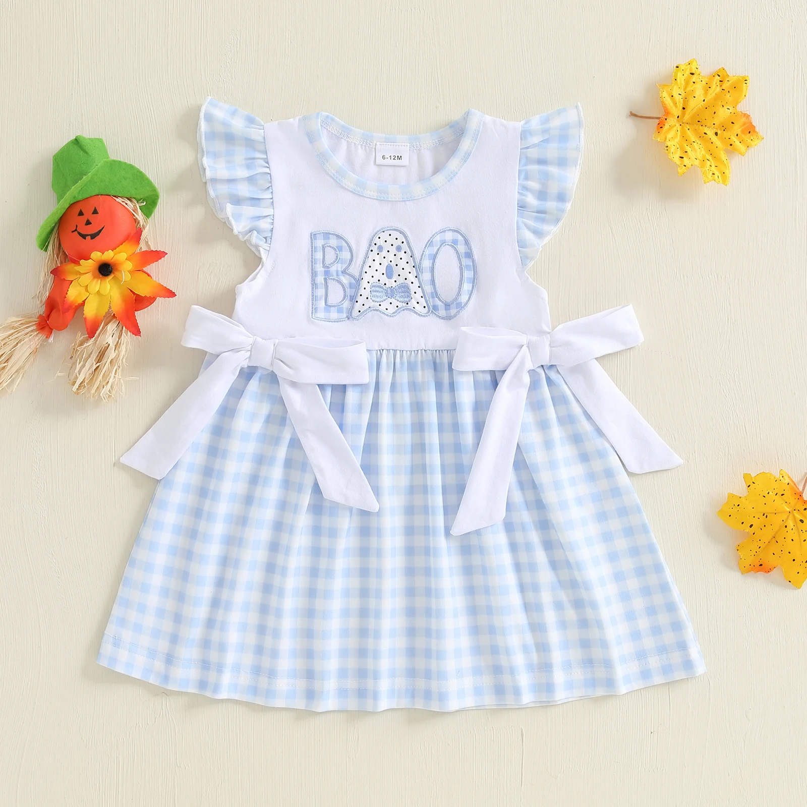 

Little Girls Halloween A-line Dress Casual Short Sleeve O Neck Letter Ghost Embroidery Plaid Dress for Toddler Infant Baby