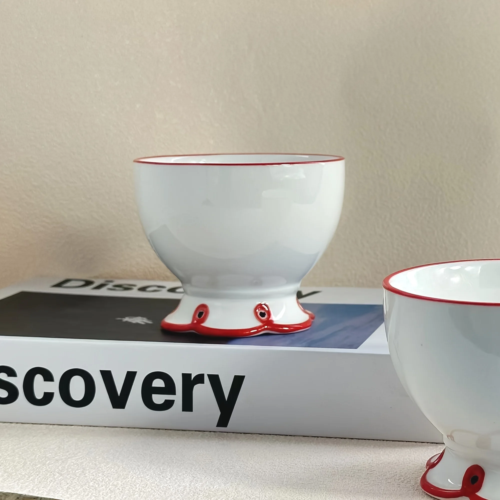 1 PC, creative and cute ceramic high legged bowl, shaped bowl, red border dessert bowl, ice cream bowl, sugar water bowl, baking