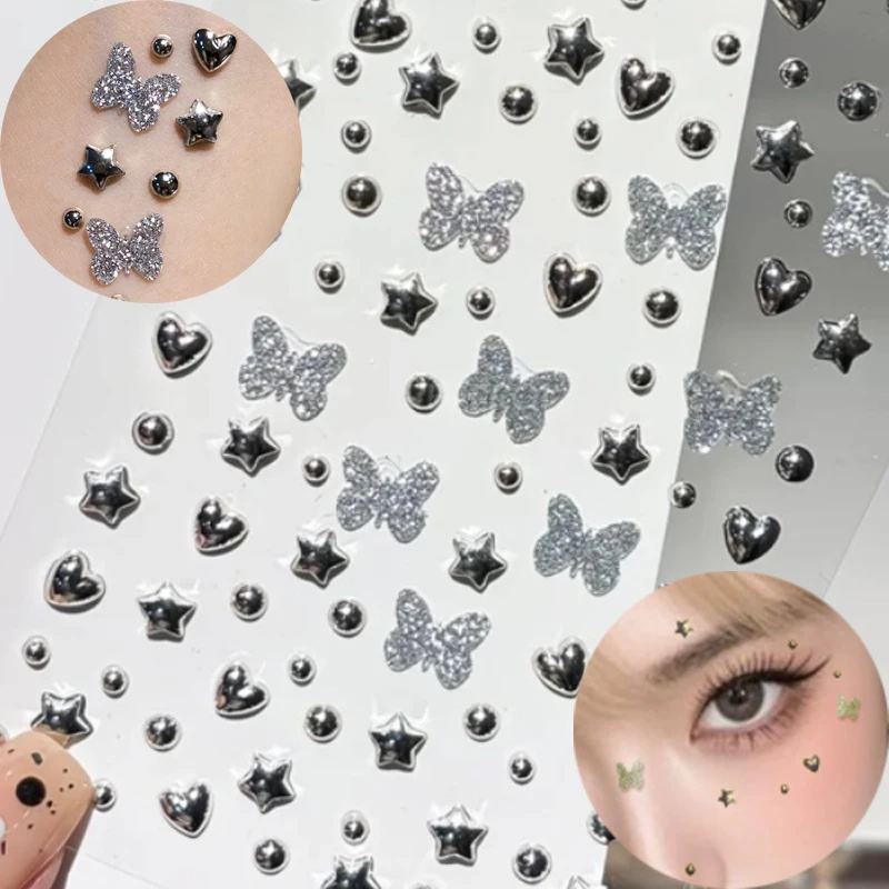 

Блестящие звезды, бриллианты, наклейки для лица, цвета: золото, серебро, в форме сердца, блестящие бабочки, стразы, наклейки для лица, временные татуировки