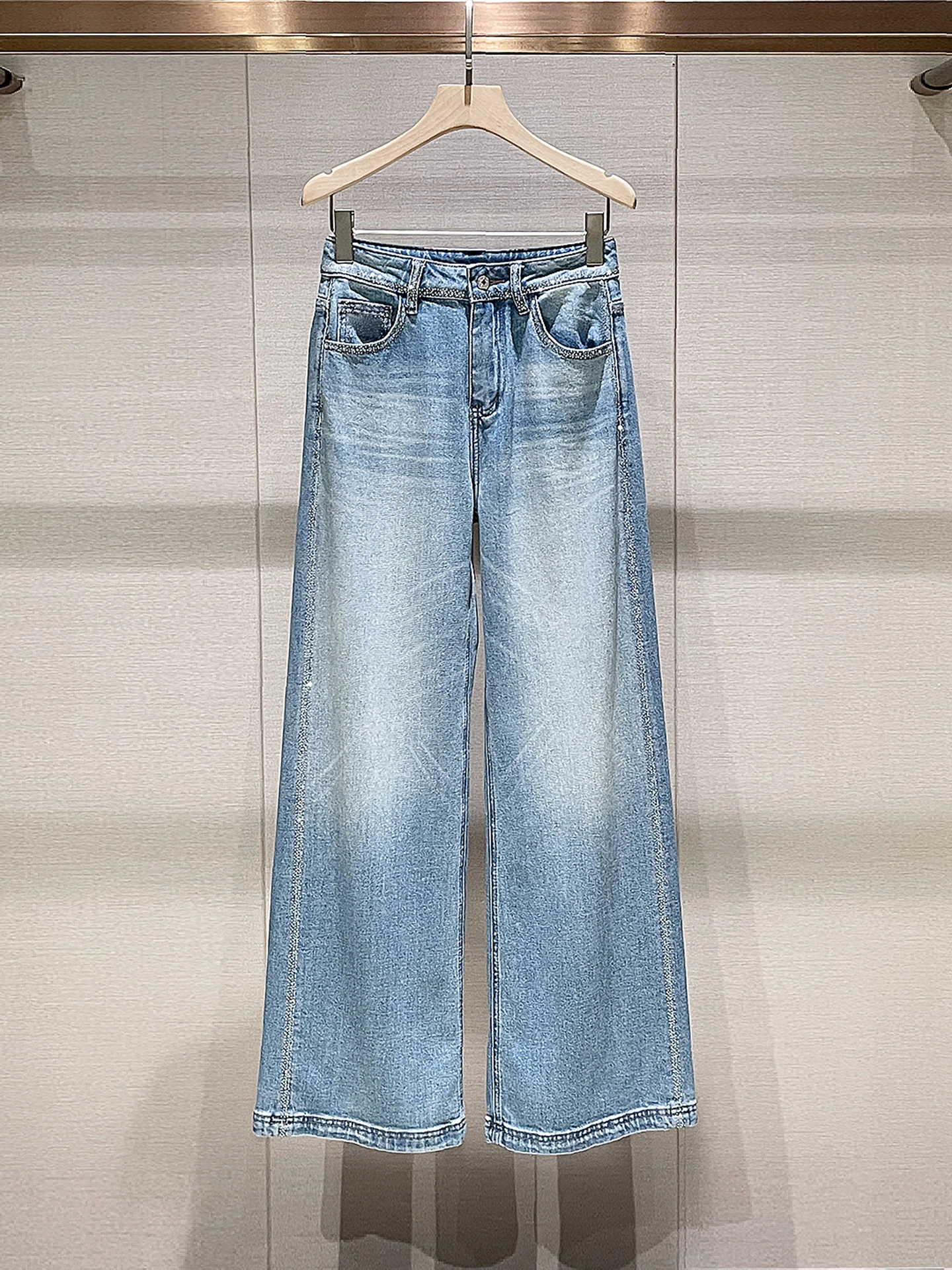 

American Style High Waist Straight Leg Blue Jeans Women's Long Pants Spring New Arrival Slimming Diamond Embellished Casual Wear