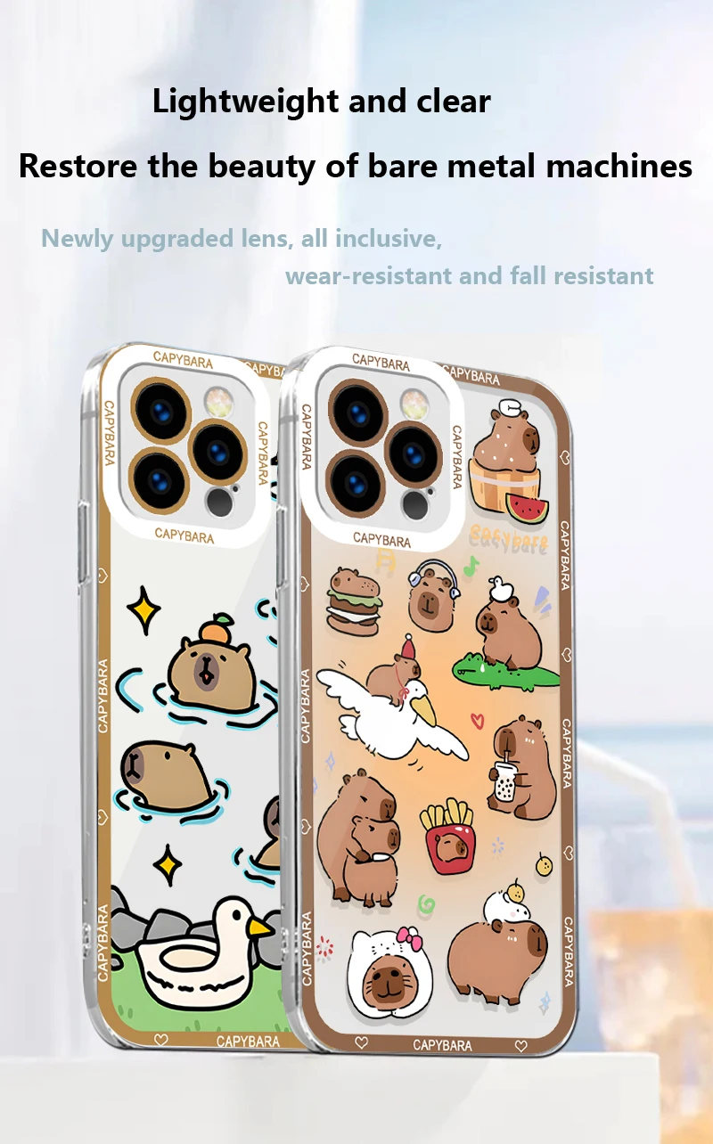 For IPhone 11 12 13 14 15 16 Pro Plus Max mini X XS Max XR Angel Eye Transparent Shell Cartoon Cute Capibala