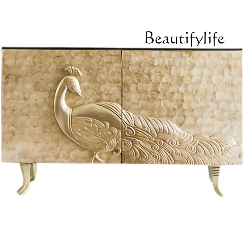 

Neoclassical solid wood carving flower shell decoration light luxury art foyer entrance entrance cabinet dining side cabinet