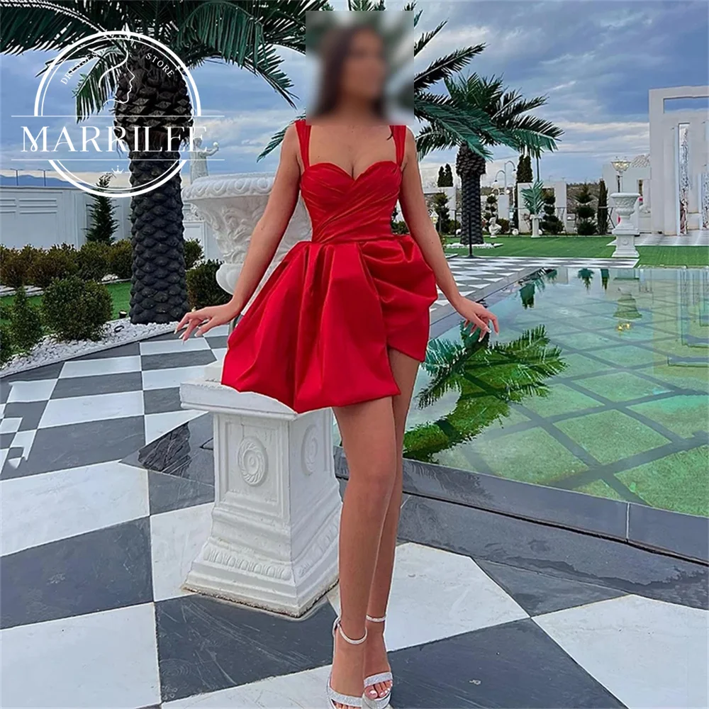 

Marrilee Customized Red Spaghetti Straps Sweetheart Stain Evening Dresses Charming Pleated Abovw Knee A-Line Irregular Prom Gown