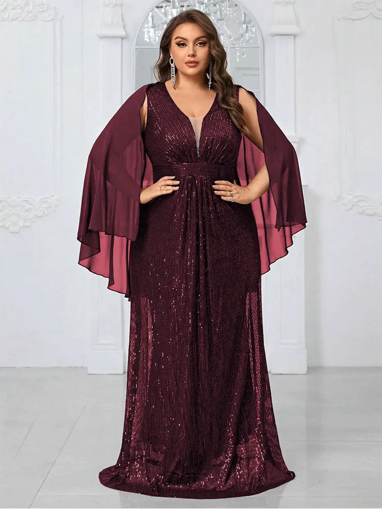 Plus Size V-Neck Sapphire Blue Dinner Party Dress 4xl5xl Big Size Chiffon Shawl Floor-Length Shiny Luxury Evening Dress Women