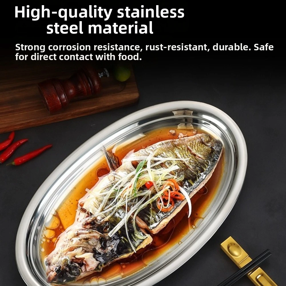 Korean Style Steamed Fish Plate Stainless Steel Oval Shape Barbecue Plate Gold Silver Flat Surface Large Serving Plate