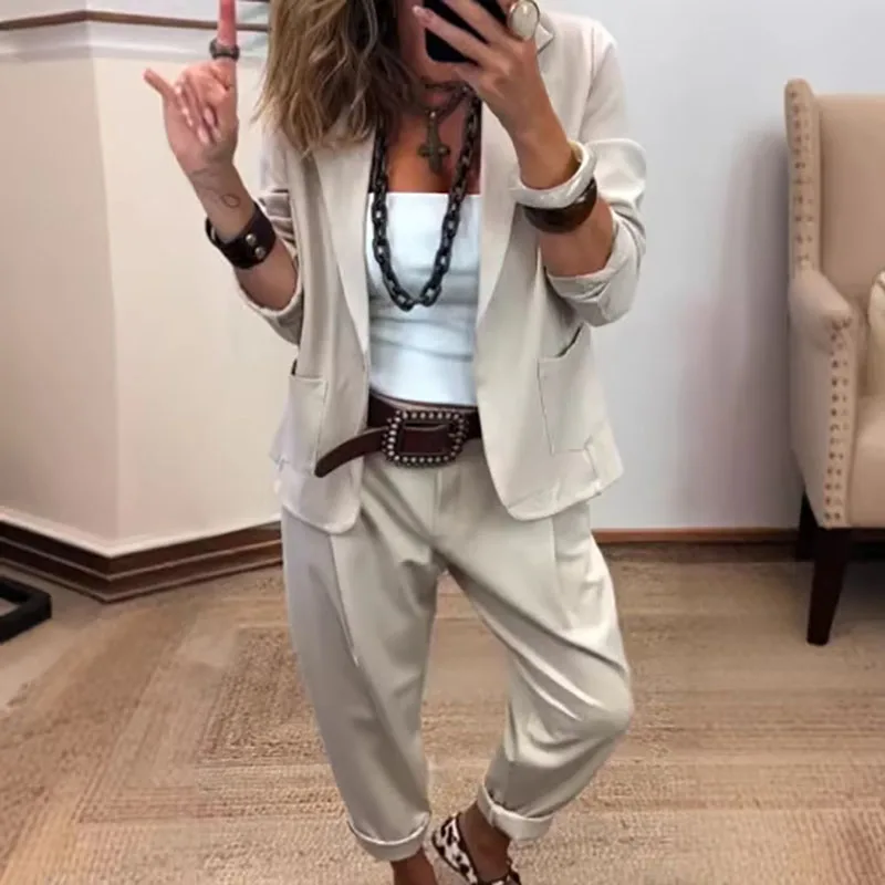 Elegant Lapel Collar Button Coat & Pant Suit Women Casual Long Sleeved Loose Autumn Outfits Fashion Commute Solid Long Pant Set