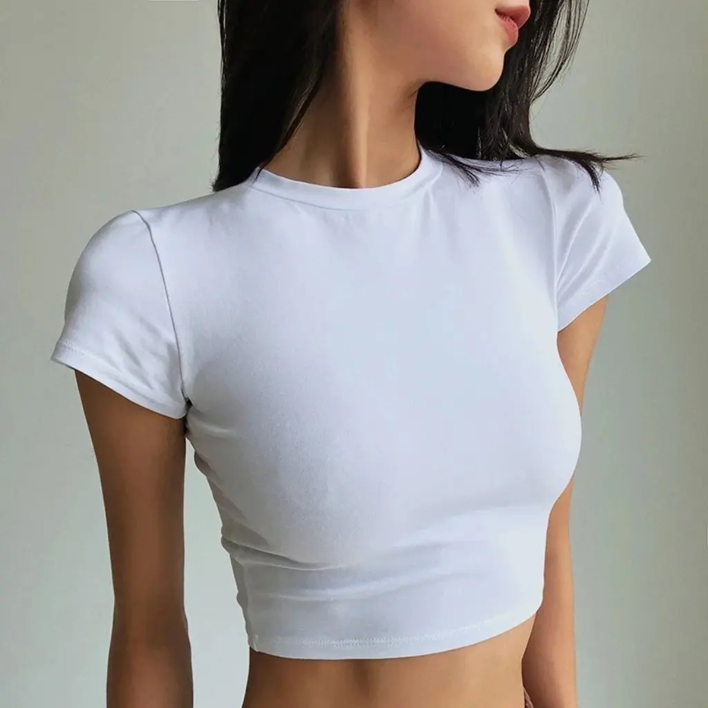 

Women's Summer Basic round Neck Short-Sleeved T-shirt Solid Color Slim-fit Navel European And American Style Short T-shirt