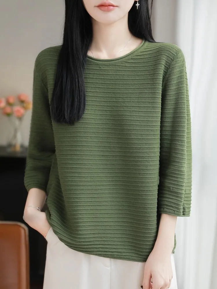 Minimalist Texture 100% Cotton Knitwear Women's Loose 7/8 Sleeve round Neck Slimming Mid-Sleeve Sweater Top T-Shirt