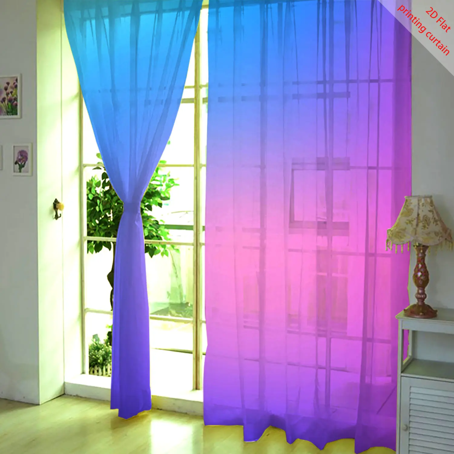 Gradient printed transparent curtains, beautiful window decoration, suitable for home, office, dormitory, living room, bedroom