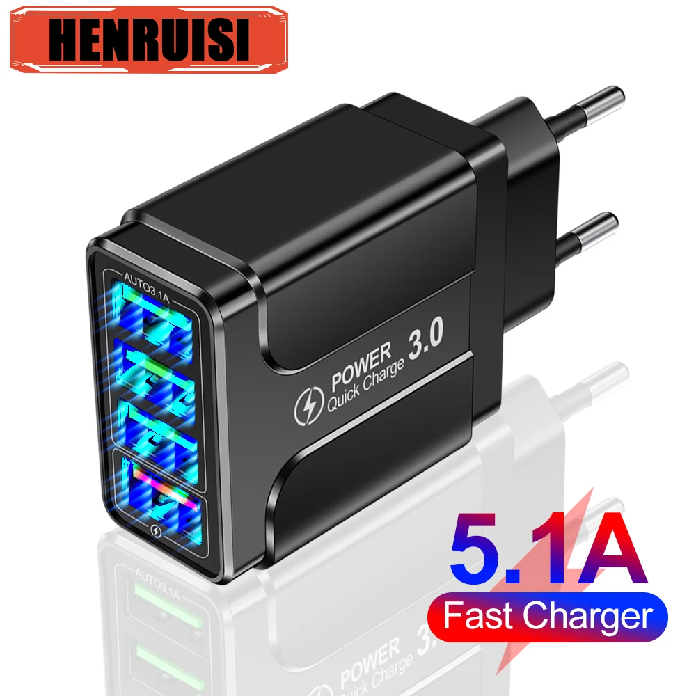 USB Fast Charger 5.1A 4 Ports Travel Charger QC 3.0 For iPhone 15 14 13 Samsung Redmi Xiaomi  Mobile Phone Charger EU/US/KR Plug