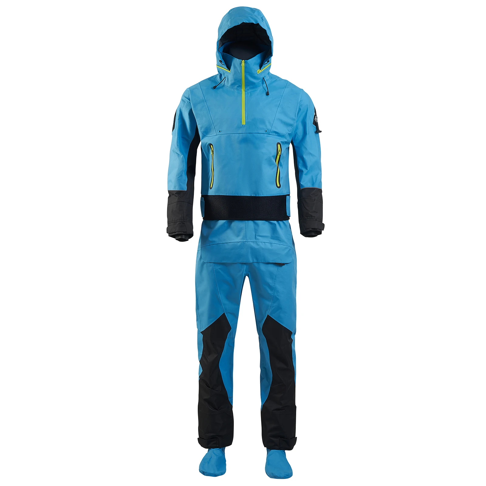 Men's kayak drysuit, 3-layer waterproof fabric, latex cuffs, splash collar, flat water paddling, winter one-piece hoodie, ka