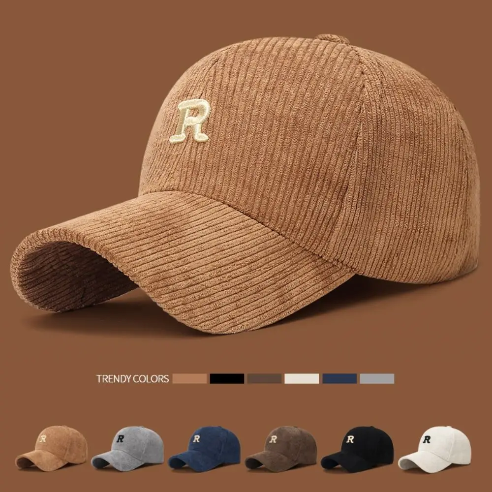 Embroidered 'R' Letter Corduroy Baseball Cap Breathable Casual Peaked Cap Adjustable Solid Color Sunscreen Hat Autumn Winter