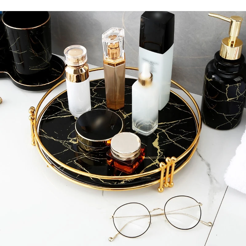 Imitation Marble Ceramic Storage Trays Dressing Table Cosmetic Organizer Display Tray Golden Handle Bathroom Shelves