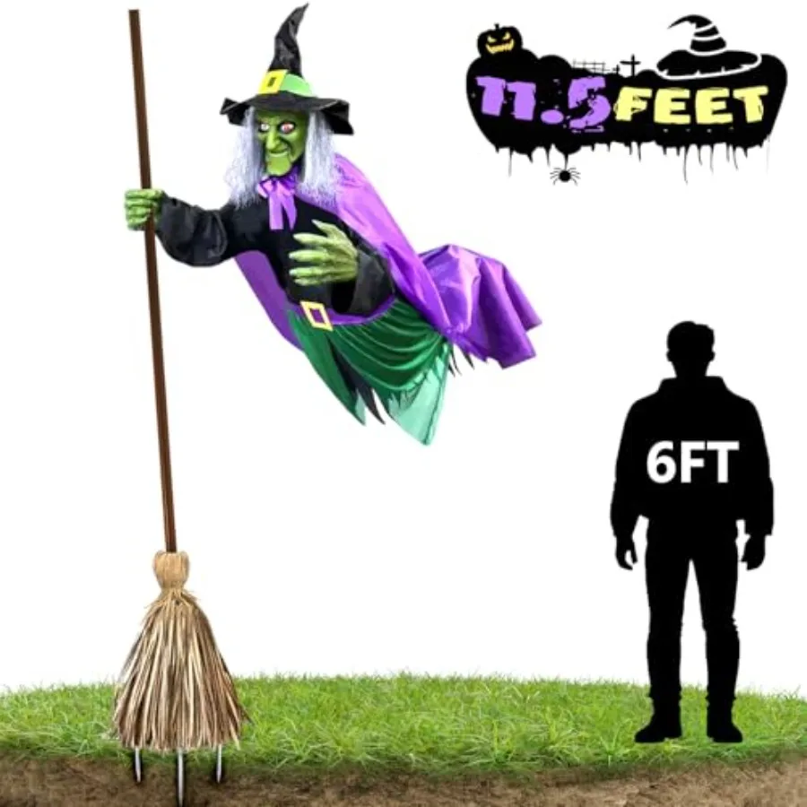 Outdoor Halloween Decorations: 11.5 Ft Animated Hovering Witch Animatronics, PVC Black, Sound Touch Activated Sensor for Garden