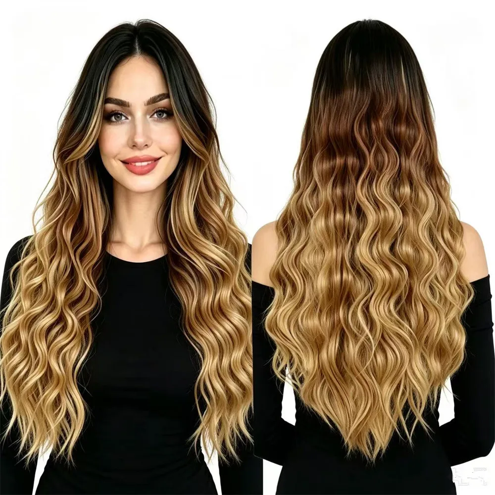 28 Inch Ombre Long Wavy Synthetic Wig for Women Three Color Gradient Heat Resistant Natural Wave Wig for Daily Party Cosplay