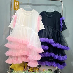 Chic Contrasting Color Mesh Patchwork Ruffles Dress Loose Irregular Skirt Gauze Pleated Ruched Tees Jumpers Mid Length Crop Tops