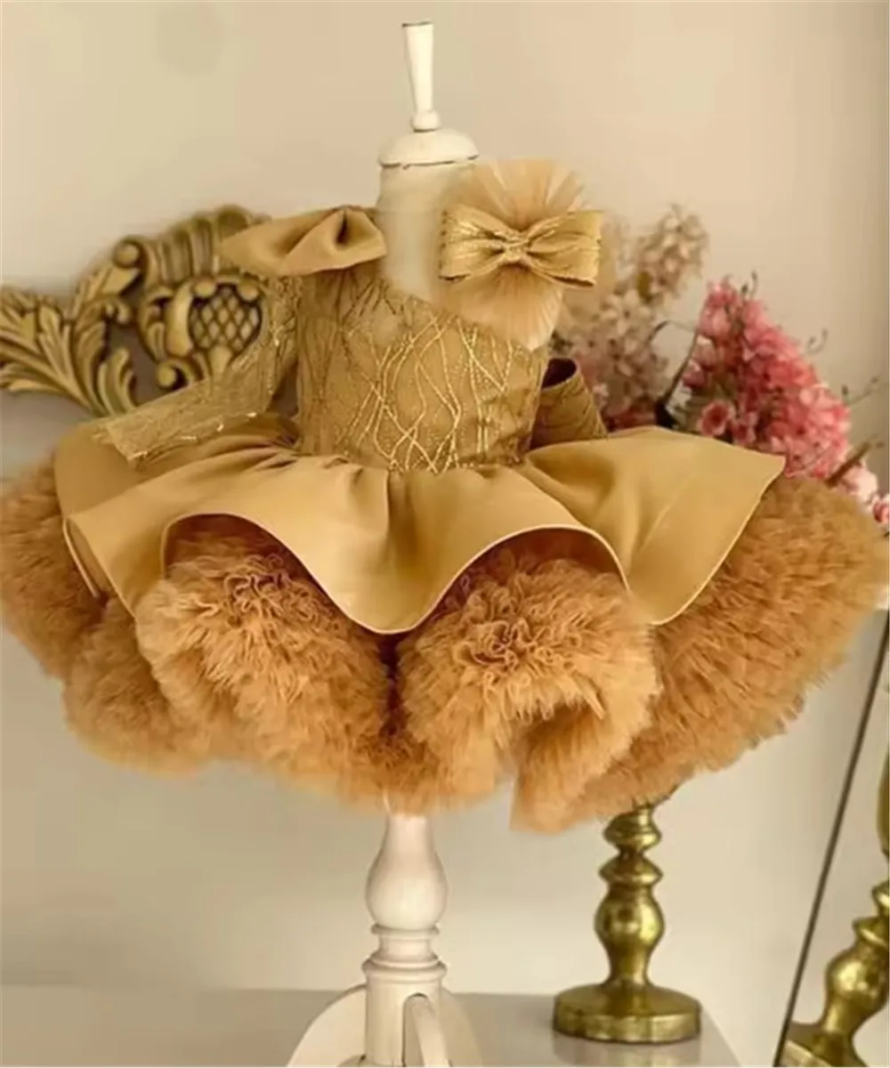 

Shiny Sequined One Shoulder with Bow Tiered Puffy Princess Birthday Part Dress Flower Girl Wedding Performance Gown Customized