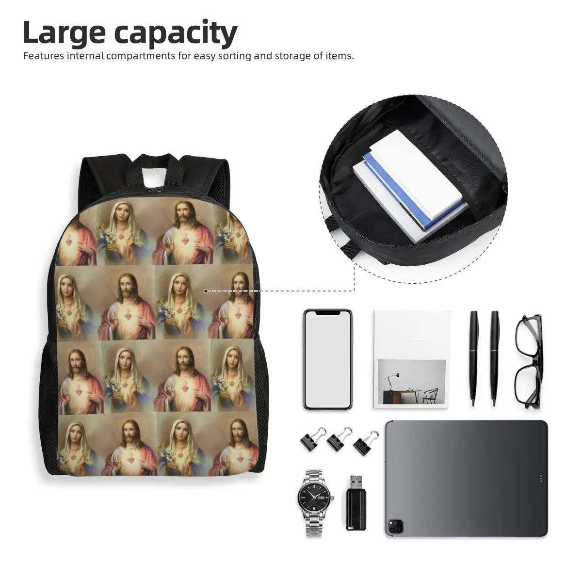 Sacred Heart Jesus Immaculate Mary Religious Poster Backpack Student Boys Girls BookBag School Bag Laptop Shoulder Bags