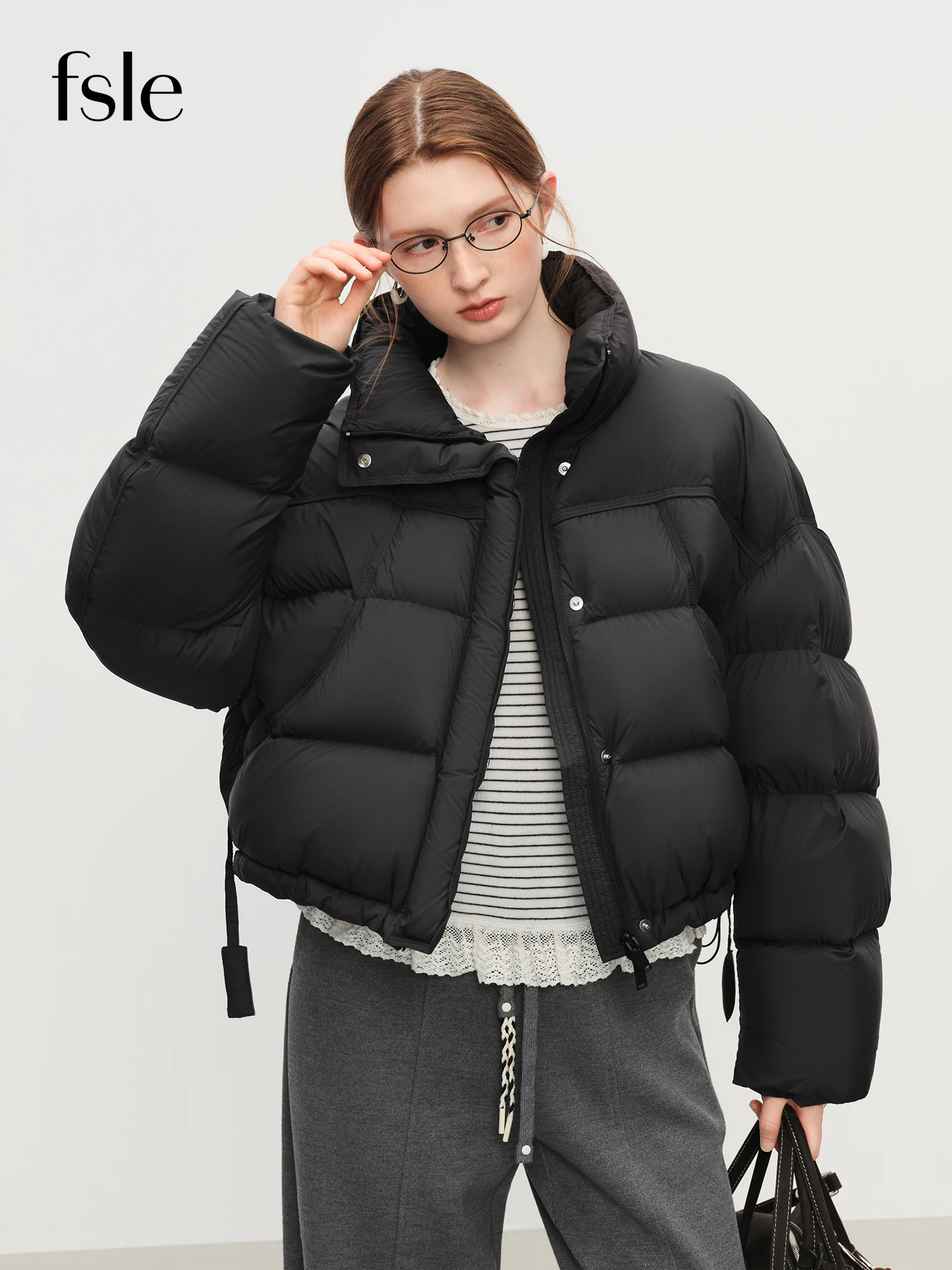 FSLE Winter 2025 Women Cloud-Like Puffer Coat - Stand Collar Short Down Jacket Lazy Chic Style Glossy Finish for Casual Comfort