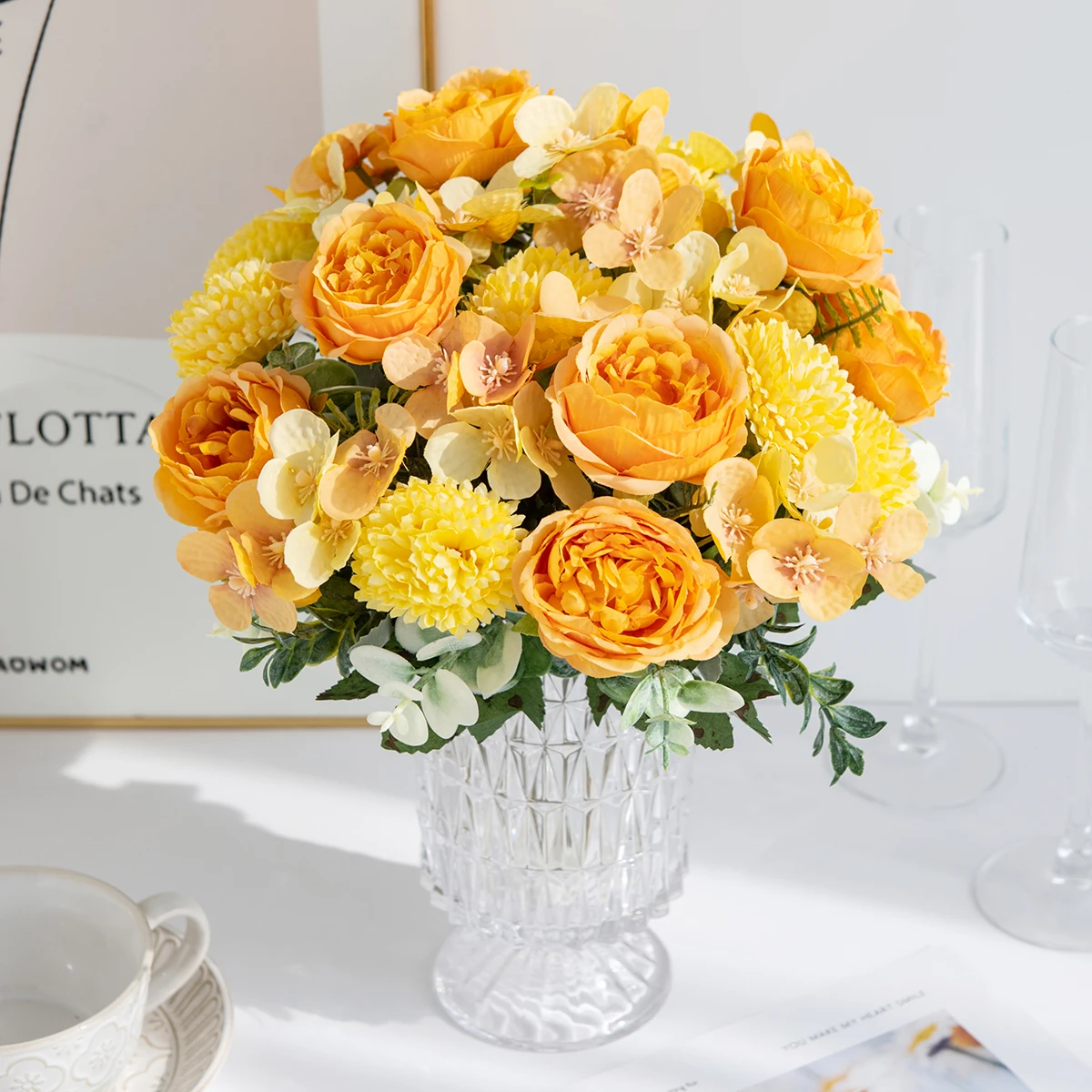 Künstliche Seiden-Pfingstrosen- und Chrysanthemen-Blumenkugel für Garten, Party, Feiertage, Hochzeit, Bouquet, Heimdekoration, Couchtisch-Vase, DIY-Dekoration