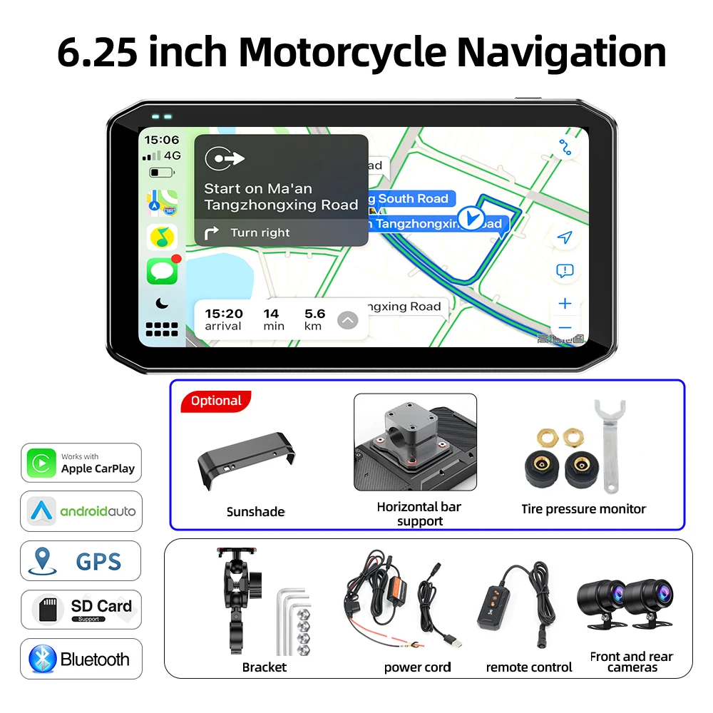 Motorrecorder CarPlay Android Auto Navigatiemonitor met afstandsbediening DVR Bluetooth BSD Voertuigsnelheidsweergave 6,25 inch