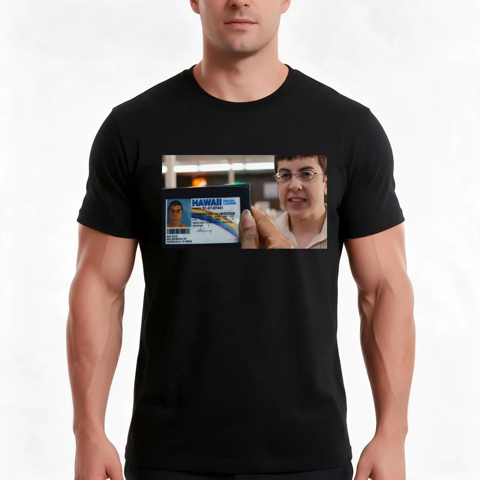McLovin Movie Scene T-Shirt, Summer Casual Cotton Tee, Oversized Streetwear Tops, Vintage Graphic Print, Loose Fit Short Sleeve