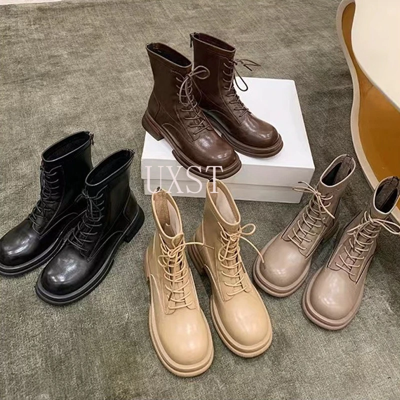 

Women's Winter Fashion Boots Round Head New Coarse Heel Anti Slip Wear Resistant Women's Height Raising Lace Up Short Boots