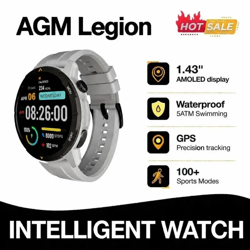 AGM Legion SmartWatch 1.43 Inch AMOLED Display 5ATM Waterproof Fitness Watch with 24H Heart Rate Sleep Monitor for Android iOS