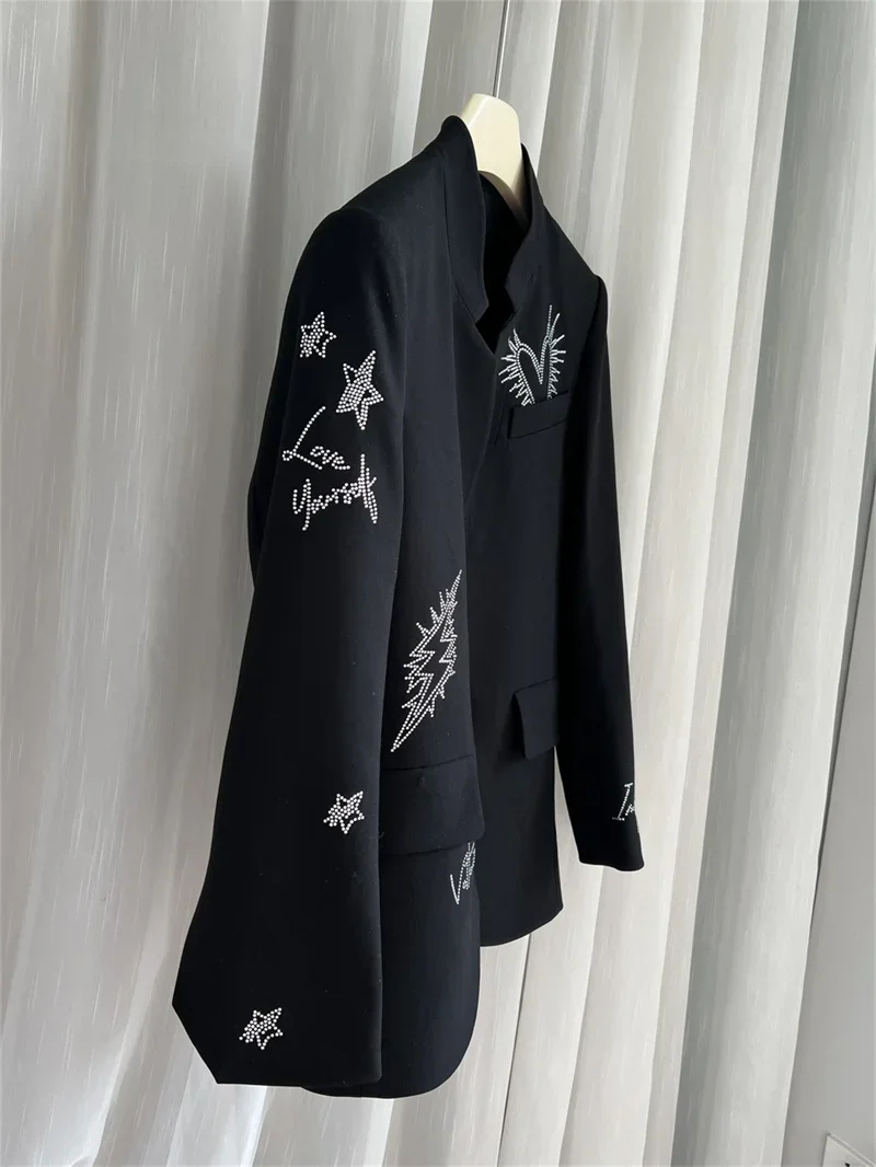 Black Women's Long Sleeve Fashion Commuter Suit Jacket Early Autumn Temperament Beaded Letter Embellished Coat