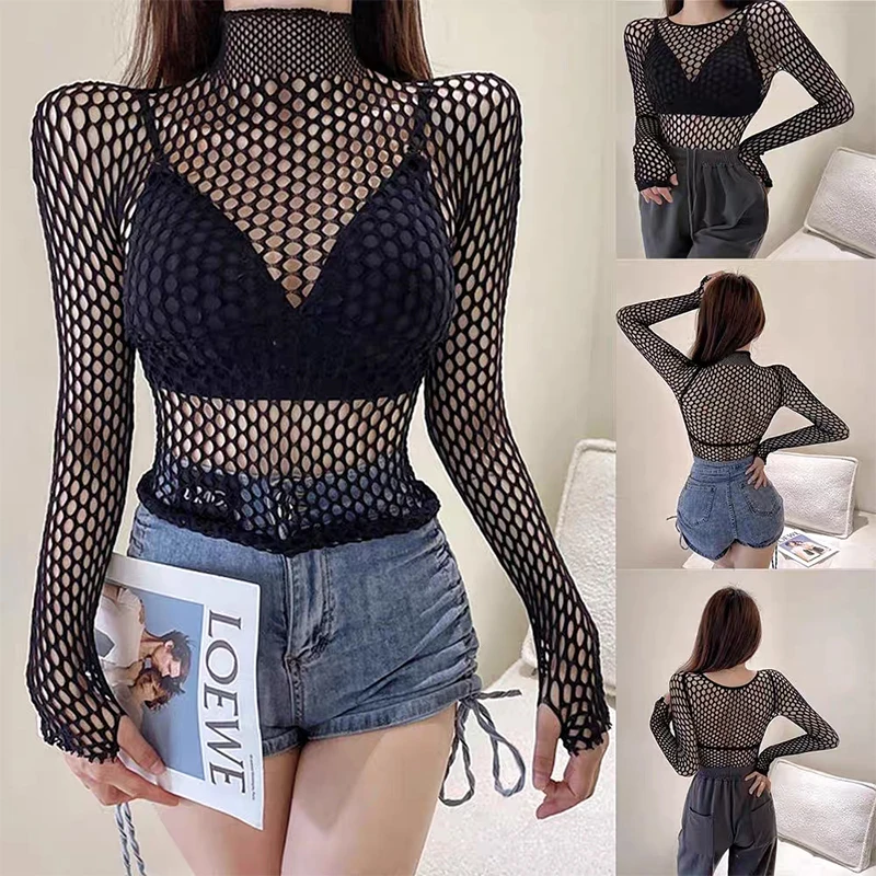 Gothic Sexy Black Fishnet Mesh See Through T-Shirt Women Skinny Hollow Long Sleeve Shirts Crop Top Tee One piece Spring Summer