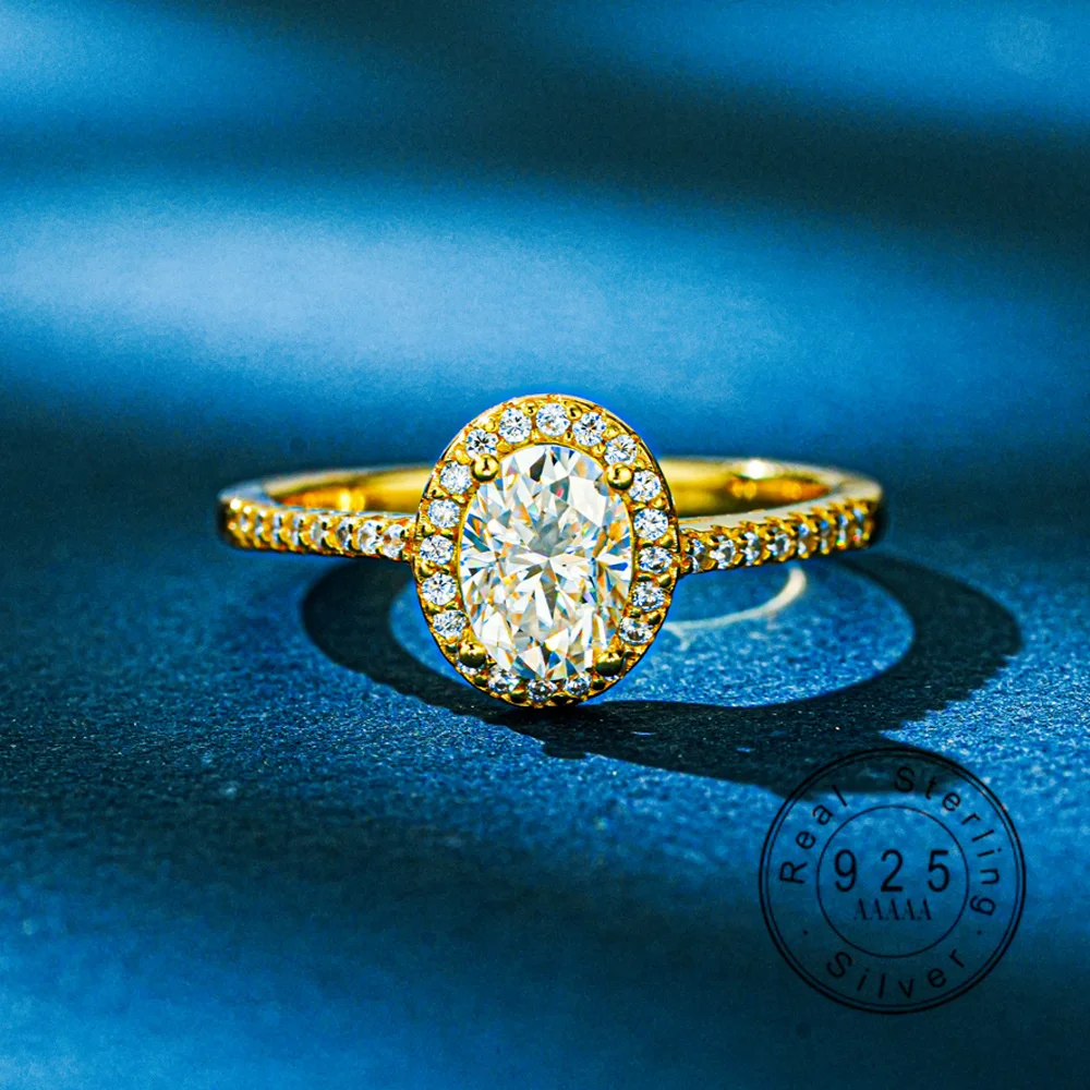 

925 Sterling Silver 1CT Oval Cut Moissanite Halo Ring Gold Plated Engagement Promise Band for Women Fine Jewelry