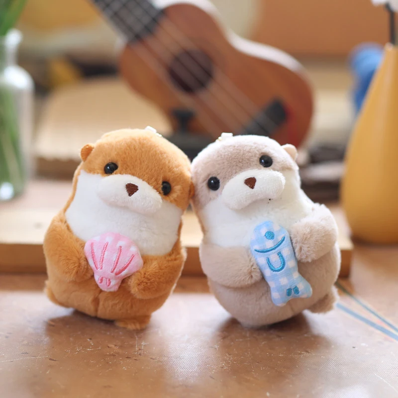 Cute Fluffy Soft Plush Otters Holding Fish Pendant Keychain Backpack Bag Toy Doll Keyrings Gift For Kid Boy Girl Women Men