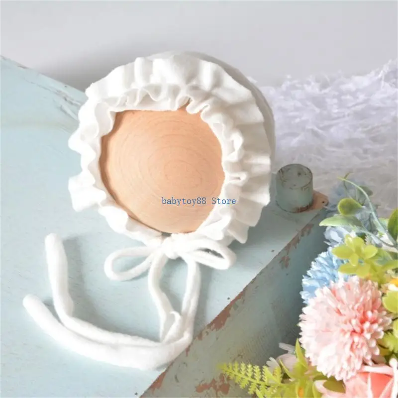 Y4UD لينة دنة الدانتيل المشذبة بونيه لحديثي الولادة 0-2 شهر الطفل التصوير قبعة الذقن تعادل قبعات تعزز الأناقة #4