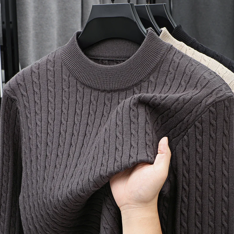 

Hot Selling Designer Quality Men's Knitted Sweater Semi High Neck Anti Pilling Striped Cuff Pullover Winter Versatile Menswear