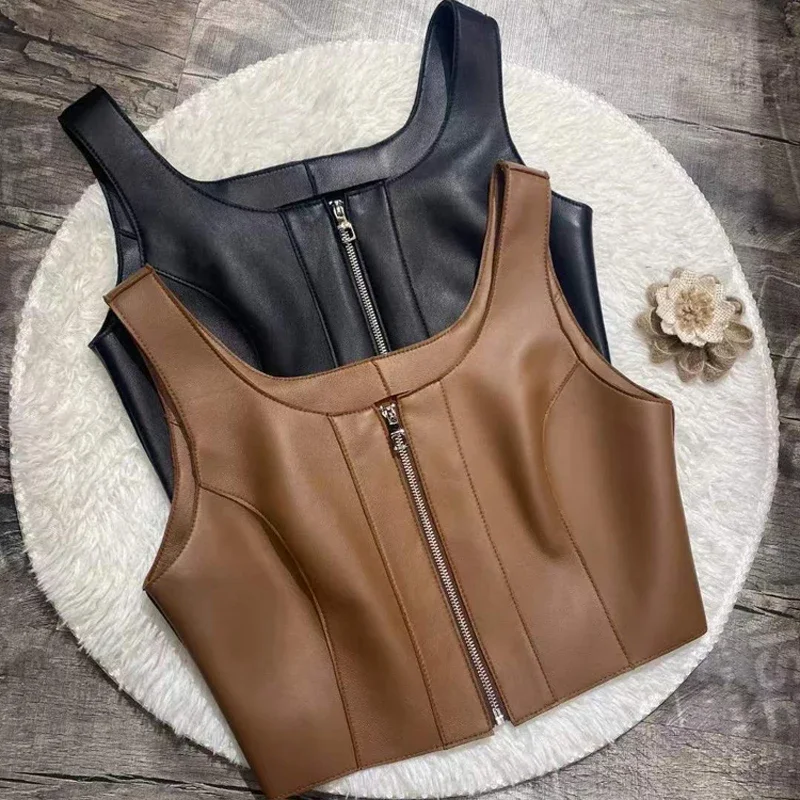 

2024 European Stylish Leather Tops Women Sheepskin Vest Zipper Slim Fit Sexy Hot Sling Streetwear Crop Top Roupas Femininas