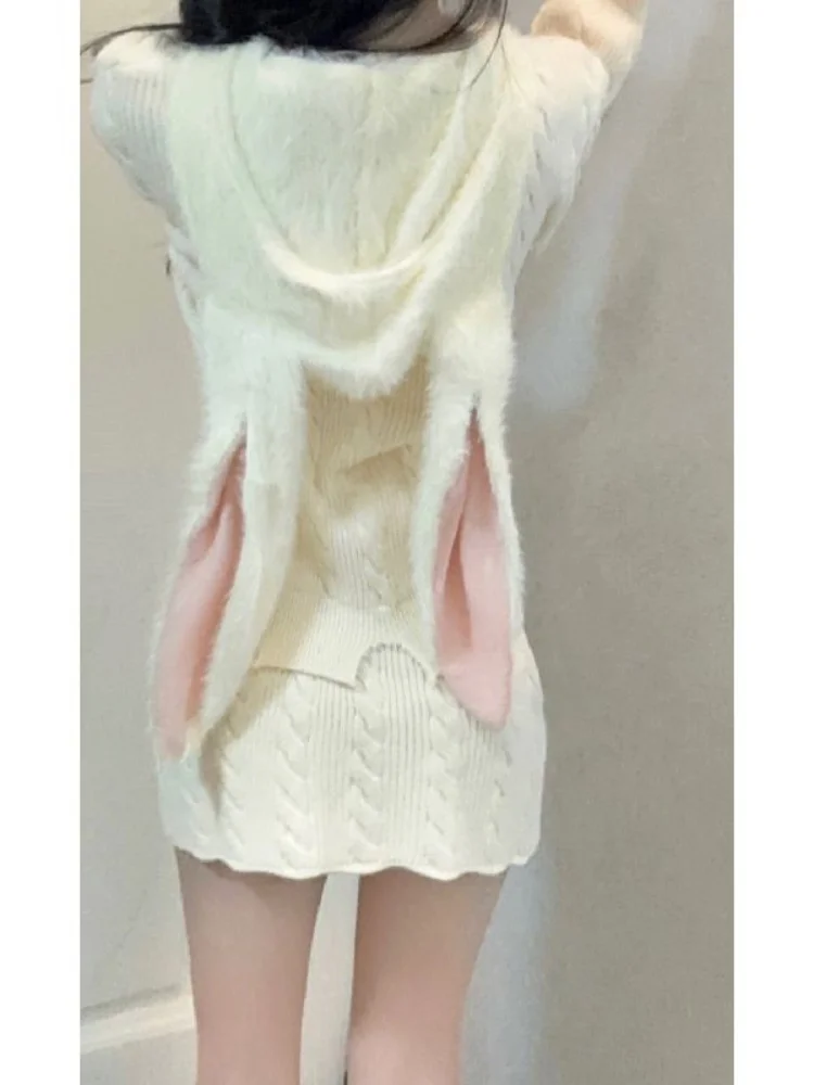 Y2K Vintage Women Two Pieces Sets Rabbit Hooded Cropped Sweater Cardigan+ Mini Skirts 2024 Spring Ripped Knitted Casual Outfits