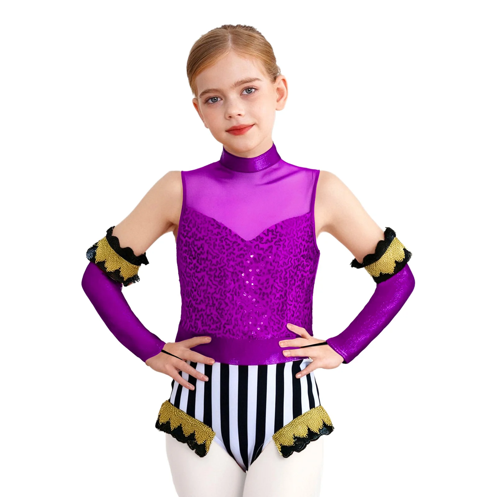 Zirkus-Overall für Mädchen, 2-teilig, ärmellos, Spitze, goldfarbenes Gurtband, Pailletten, Body + glänzende metallische Over-Sleeve-Halloween-Cosplay-Kostüme