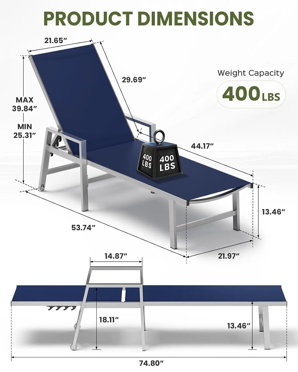 Chaise Lounge Chair 2pc with Wheels & Armrests, Aluminum Five-Position Adjustable Recliner for Poolside, Patio, Deck, Customized