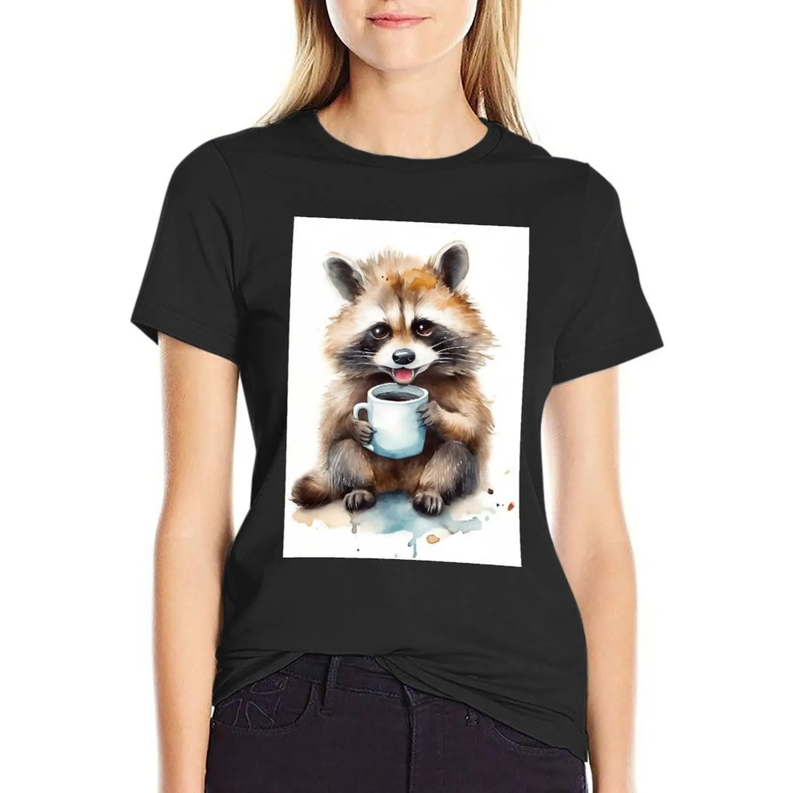 Racoon drinking coffee T-Shirt female lady clothes t shirts for Women graphic