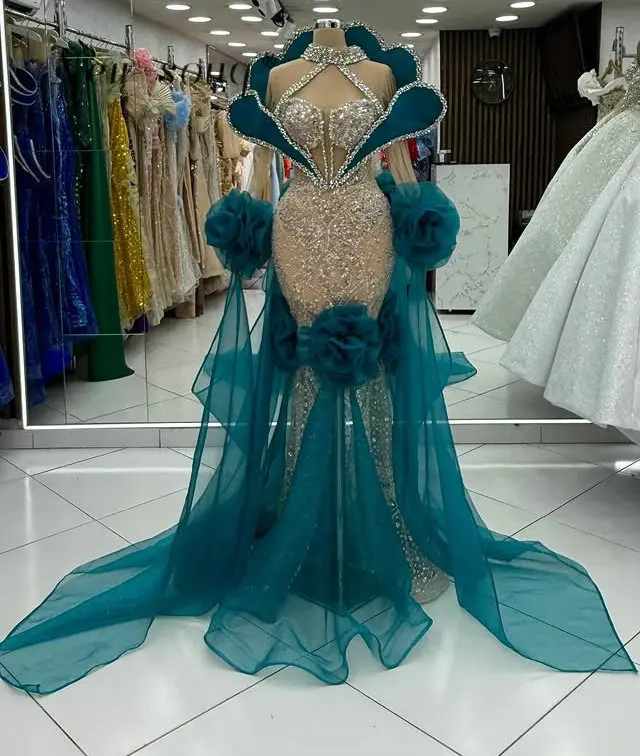 

2026 Long Teal Prom Dresses Customized Dubai Sparkly Beaded Sequins Crystals Mermaid Evening Party Gowns for Women Formal