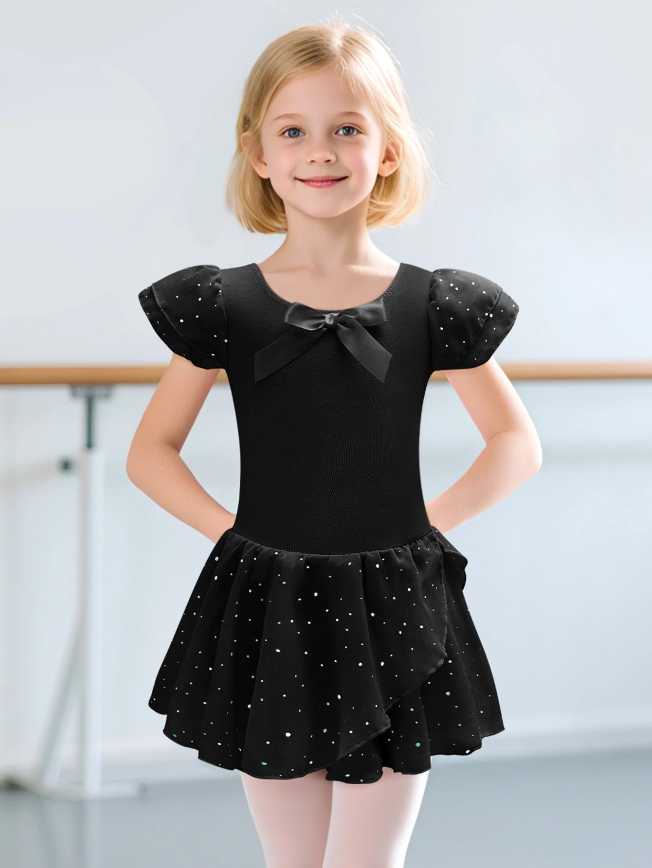 Girls Glitter Leotards for Ballet Dance Dress with Tutu Skirt Ruffle Sleeve Ballet Leotard Performance Clothing image 6