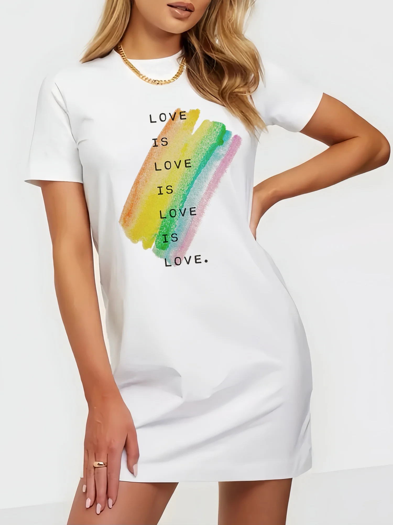 Love is Rainbow Print Youthful Summer Woman Dress Casual Slim Fit T Shirt Dress Women for Dailywear