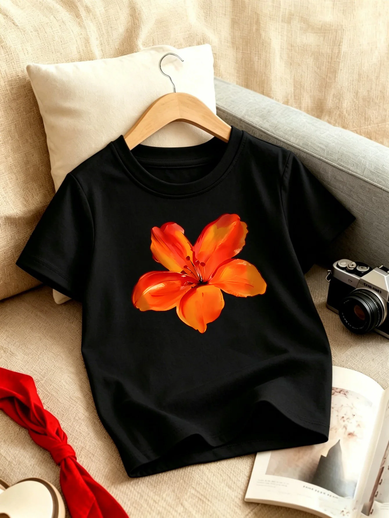 Vibrant Orange Lily Watercolor Floral Kids T Shirt Boys Girls Short Sleeve Crew Neck Cotton Parent Matching Tops Toddler Youth