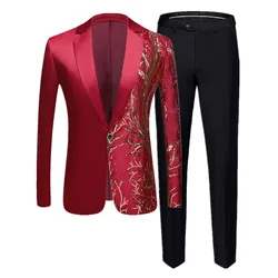 Blazer et pantalon patchwork imbibés de paillettes pour hommes, robe de scène de danse luxueuse, hôte de chanteur à la mode, noir, bleu, bordeaux, 2 pièces