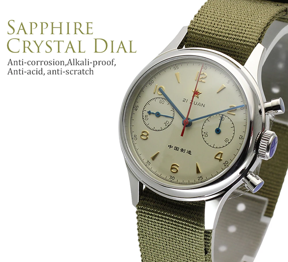 Vintage 1963 Manual‑Winding Chronograph Men’s Watch, Retro Pilot Watch, Cream Dial Canvas Nato Strap