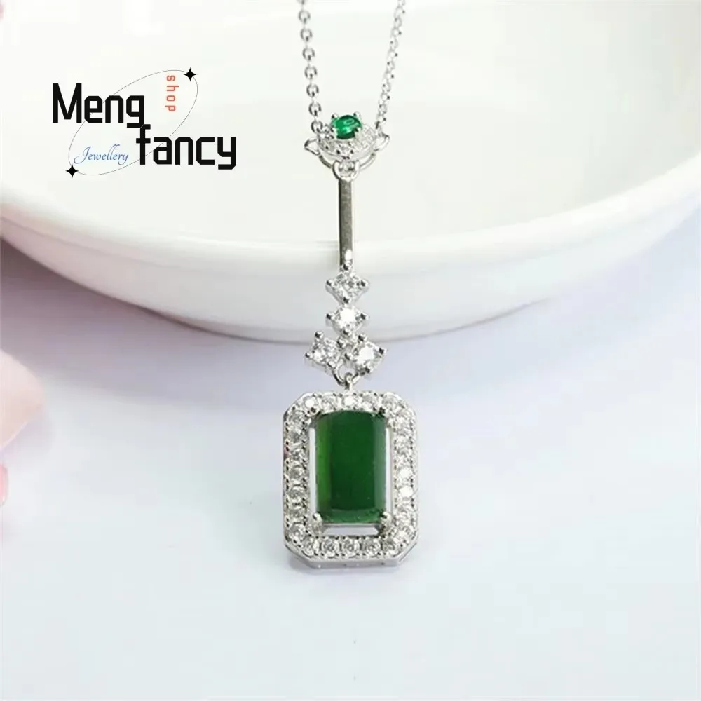 

S925 Silver Inlaid Natural Jadeite Imperial Green Wushi Pai Pendant Exquisite Elegant Simple High-grade Luxury Fashion Jewelry