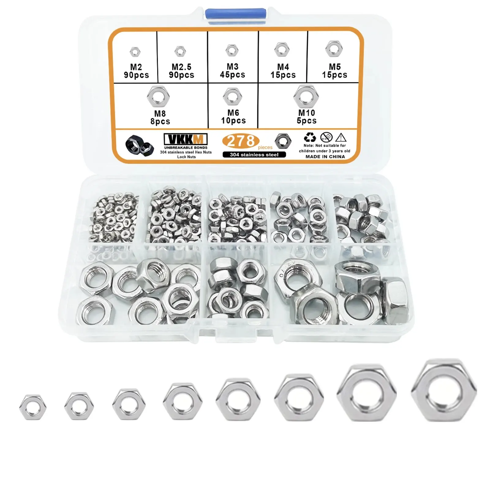 Metric Hexagon Nut Set, DIN M2 M2.5 M3 M4 M5 M6 M8 M10 Stainless Steel Hexagon Nuts 278 Pieces