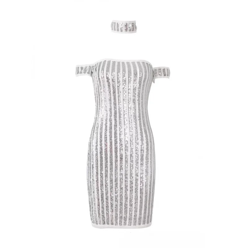 

New Arrival Women's Dress: Strapless, Sexy, Halter Neck, White Sequin Striped Mesh, Tight-Fitting, for Party and Nightclub