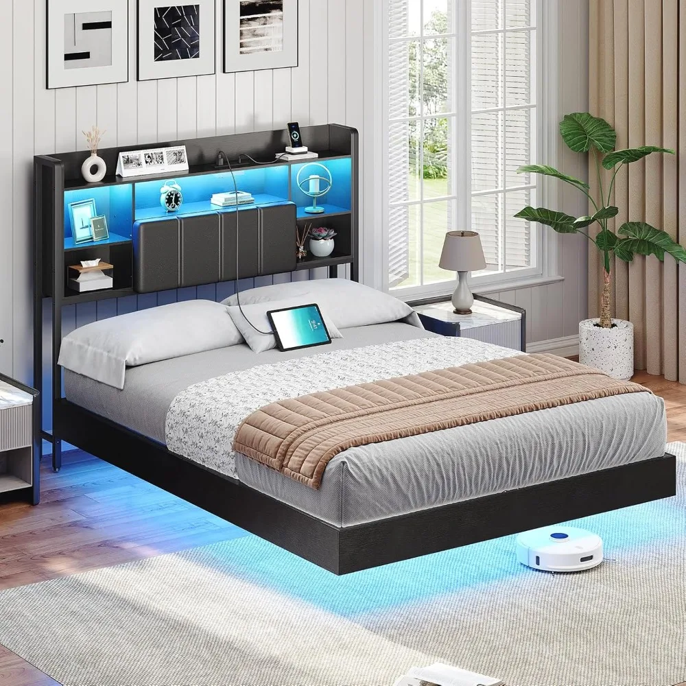 هيكل سرير كامل الحجم مع لوح أمامي، هيكل سرير عائم مع مقبس طاقة وأضواء LED، لوح رأسي مبطن بالكامل #5